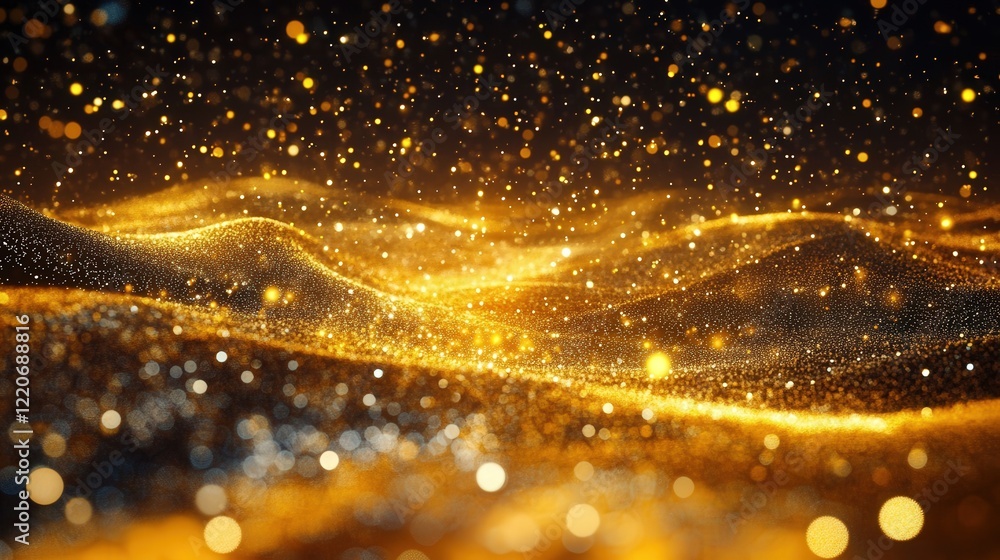 Poster field of luminous particles in motion, colliding and bouncing in a fluid, weightless environment.