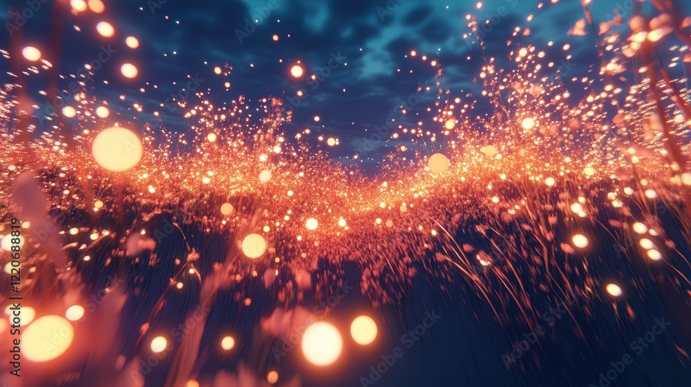 Poster field of luminous particles in motion, colliding and bouncing in a fluid, weightless environment.