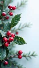 Frosty holly berries against soft white background, icy, evergreen,