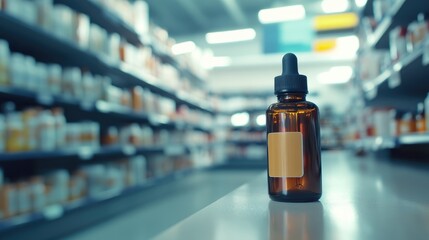 eye ear drops medicine bottle with pharmacy store shelves backgr