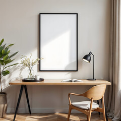 Modern Minimalist Workspace with Frame Mockup and Wooden Desk