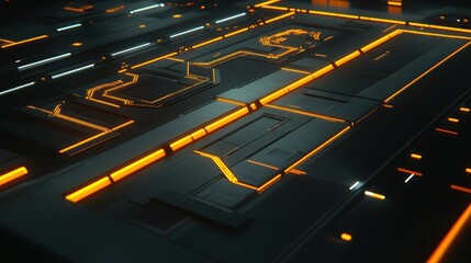 Obraz premium Abstract futuristic technology background with glowing orange lines and dark gray metallic surface.