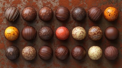 Obraz premium Assorted gourmet chocolate truffles on cocoa powdered surface for dessert designs