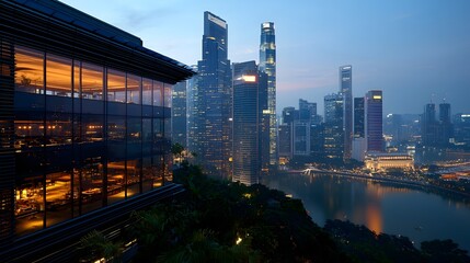 Fototapeta premium Rooftop Solar Panels on Corporate Building in Urban Skyline at Dusk
