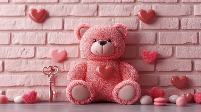 Adorable valentine's day bear with heart key and romantic decorations