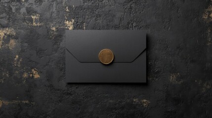 Black envelope with a gold button displayed on a wooden surface