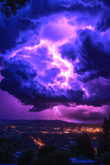 Thunder and lightning in a purple, cloudy sky