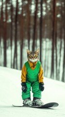 A fashionable cat dons snowboarding gear, confidently riding down a winter slope, merging humor and style in an amusing depiction of animals embracing human sports.