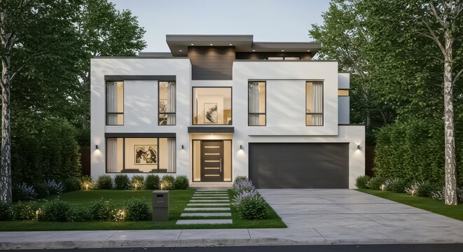 Fototapeta A contemporary two story house with a minimalist design featuring white walls large glass windows and a flat roof