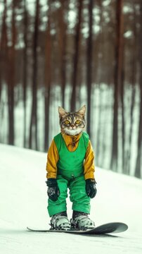 A fashionable cat dons snowboarding gear, confidently riding down a winter slope, merging humor and style in an amusing depiction of animals embracing human sports.