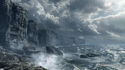 Dramatic Coastal Cliffs Under a Stormy Sky Awe-Inspiring Seascape Digital Painting
