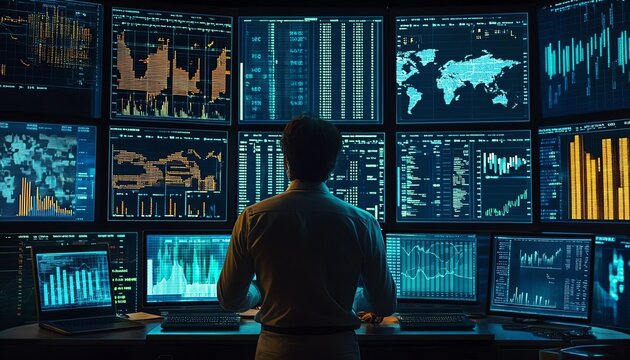 A business expert reviewing financial market trends, surrounded by multiple digital screens with data charts and graphs, representing indepth analysis and informed decisionmaking