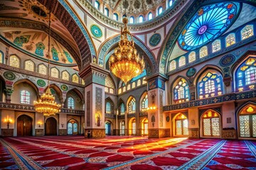 Obraz premium Drone View: Majestic Mosque Interior, Ornate Architecture, Spiritual Space, Islamic Design, Prayer Hall