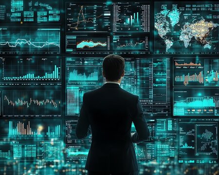 A corporate professional reviewing financial market trends, with several screens displaying data charts, graphs, and key metrics, representing strategic business decisionmaking