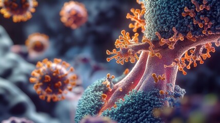 Obraz premium digital model showing the invasion of the lungs by airborne pathogens, illustrating how these microbes affect different lung regions and tissues
