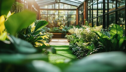 A modern greenhouse featuring rows of vibrant greenery thriving under natural light, with lush plants growing in a controlled environment designed for optimal growth