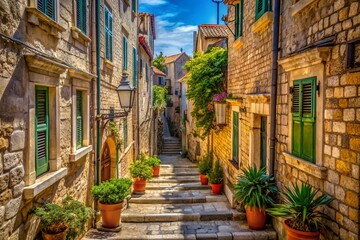Fototapeta premium Dubrovnik Stairway: Charming Vertical Street with Houses & Copy Space