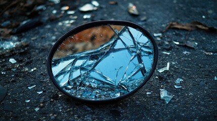 Obraz premium Broken Mirror on the Ground Reflecting Blue Sky and Shattered Glass Pieces, Capturing Mood of Desolation and Disruption in an Urban Environment