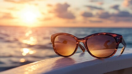 Sunglasses Against a Vibrant Sunset Over the Ocean