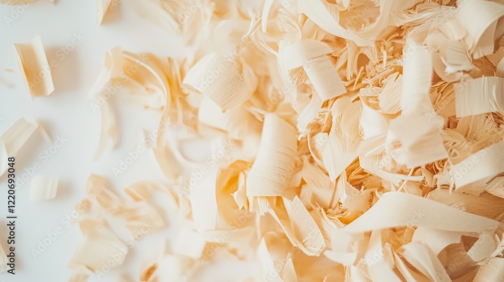 Aufkleber light and soft wood shavings made from freshly cut lumber displaying natural grain patterns and text