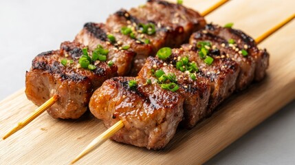 Grilled skewers of meat garnished with green onions on a wooden board.