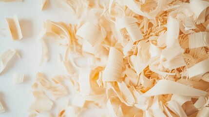 Light and Soft Wood Shavings Made from Freshly Cut Lumber Displaying Natural Grain Patterns and Textures on a White Background for DIY Projects and Crafting