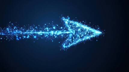 Abstract glowing arrow of particles and lines on dark background.