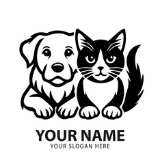 cat and dog combination logo icon vector illustration black and white .