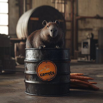 Copybara with carrot and barrel, neutral background.