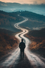 Silhouette of a man seen from behind standing on a winding road, with a long way ahead of him