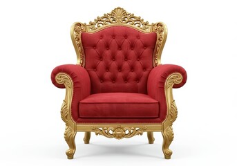 A royal style armchair with plush red velvet upholstery and intricately carved golden wooden accents