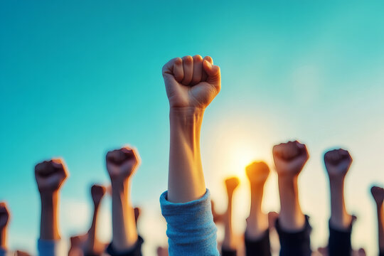 Fists raised in the air in protest