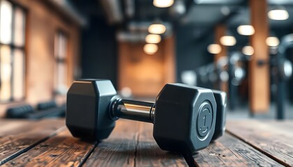 Rustic table with set of dumbbells. Modern gym interior with bokeh background
