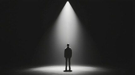 A solitary figure stands in a spotlight, surrounded by darkness, evoking themes of isolation.