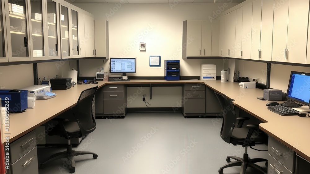 Poster modular testing room with adjustable workstations for experimenting with therapeutic drug formulatio