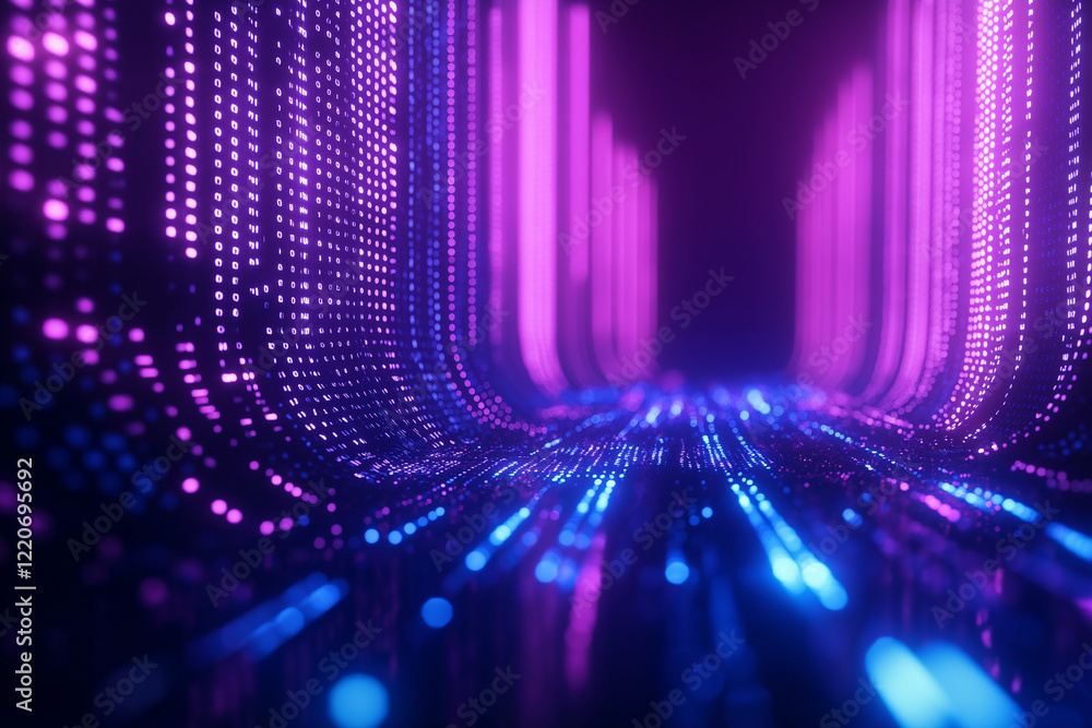 Aufkleber neon glow blue digital binary code, futuristic technology abstract background
