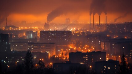 nighttime view of a city where the air is filled with PM2.5 dust, causing a surreal glow around lights.