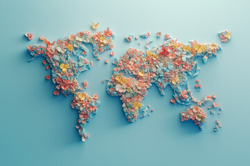 Minimalistic 3d world map on soft blue gradient backdrop, featuring simplified earth representation