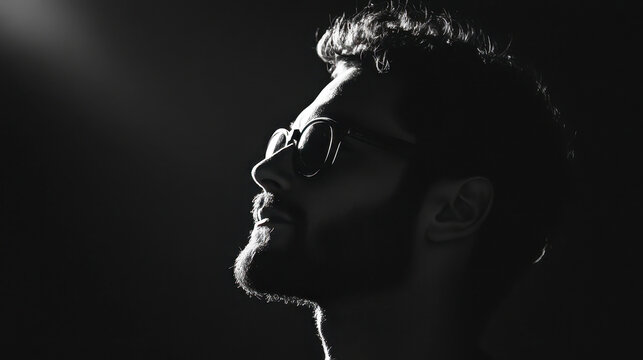 Silhouette of a thoughtful man dark studio portrait photography minimalist environment profile view reflection on life