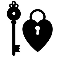Silhouette of a key and lock with heart design