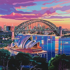 Vibrant Sydney Skyline at Dusk Featuring Cityscape and Bridge