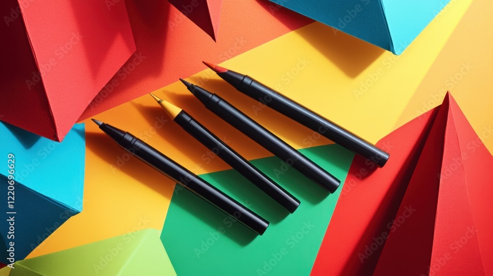Poster an array of eyeliner pencils lying on colorful geometric paper cutouts.