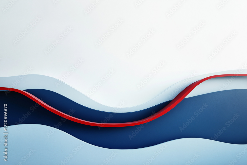 Poster sleek blue waves accented by sharp red line on soft white and blue gradient background