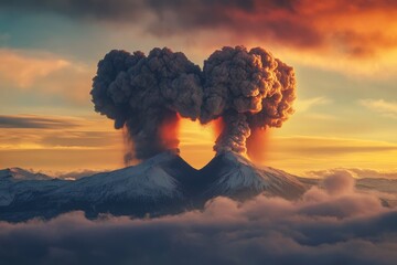 Majestic embrace of two volcanoes at sunset nature landscape gigapixel art style breathtaking view romantic concept