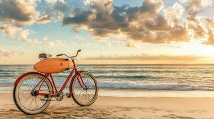 Fototapeta premium A beach cruiser bicycle with a surfboard holder, placed on a sandy shore.