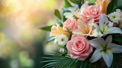 Elegant bouquet of pink roses and white lilies for weddings or special occasions