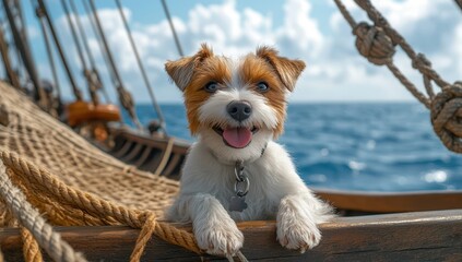 A cute, happy, smiling Jack Russell Terrier dog is sitting on the deck of an old wooden sailing ship, with its paws resting in front and its tongue hanging out