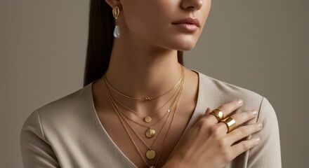 A minimalist portrait of a woman wearing contemporary gold jewelry