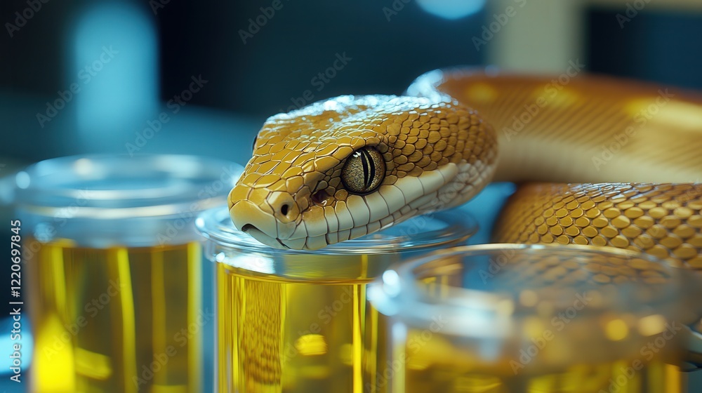 Poster venom from a snake is carefully collected and stored for research, emphasizing its role in the produ