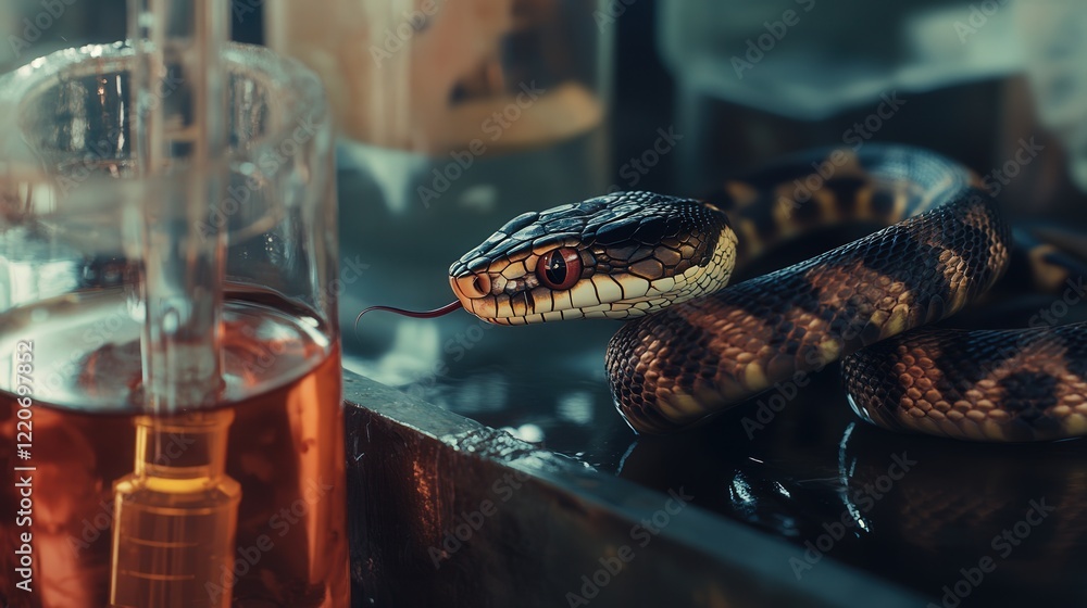 Poster venom from a snake is carefully collected and stored for research, emphasizing its role in the produ
